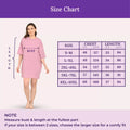 Size chart for a orchid purple oversize t shirt with a model and measurements
