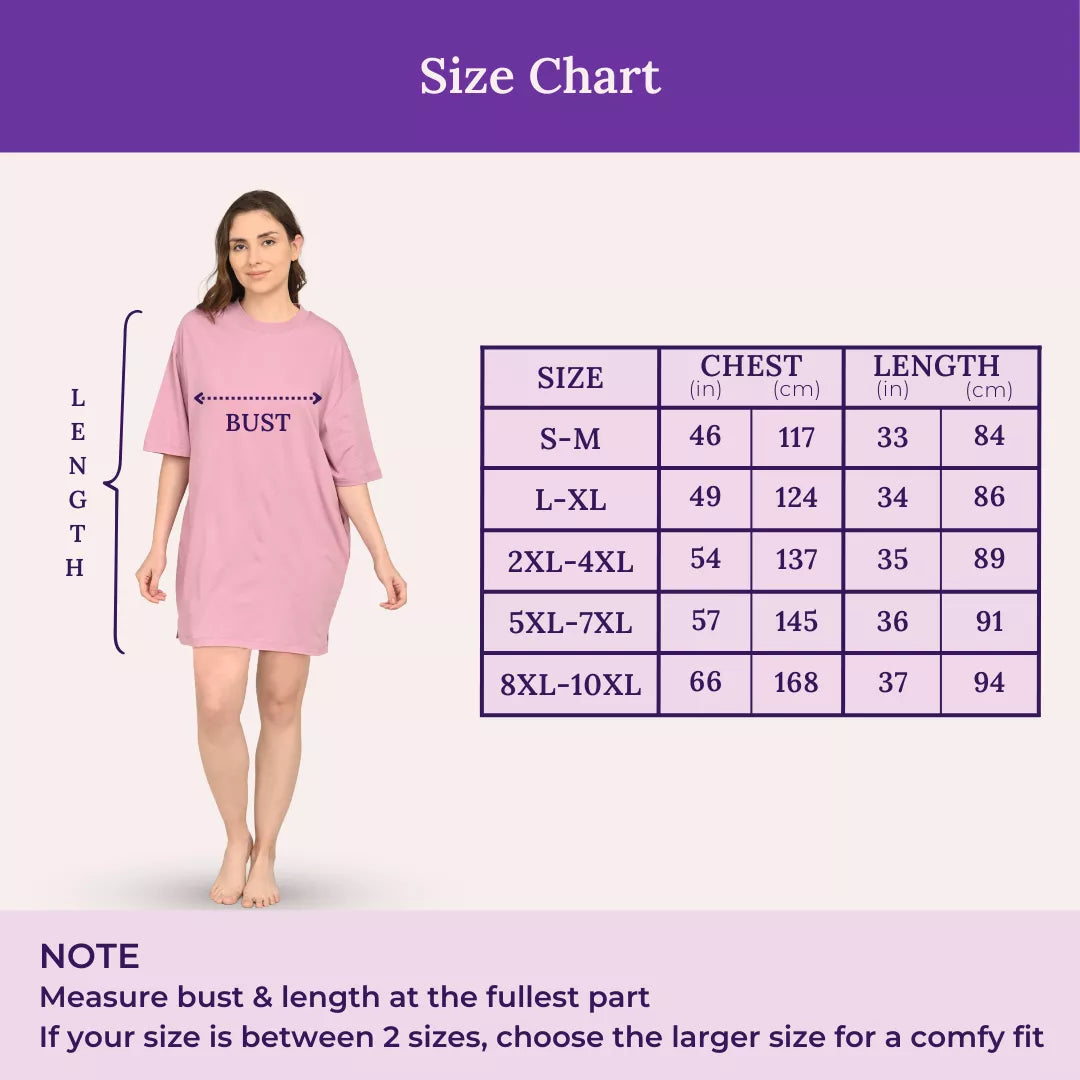 Size chart for a orchid purple oversize t shirt with a model and measurements