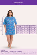 A size chart for a t-shirt dress, showing a model wearing the blue floral nightshirt with measurement guides.