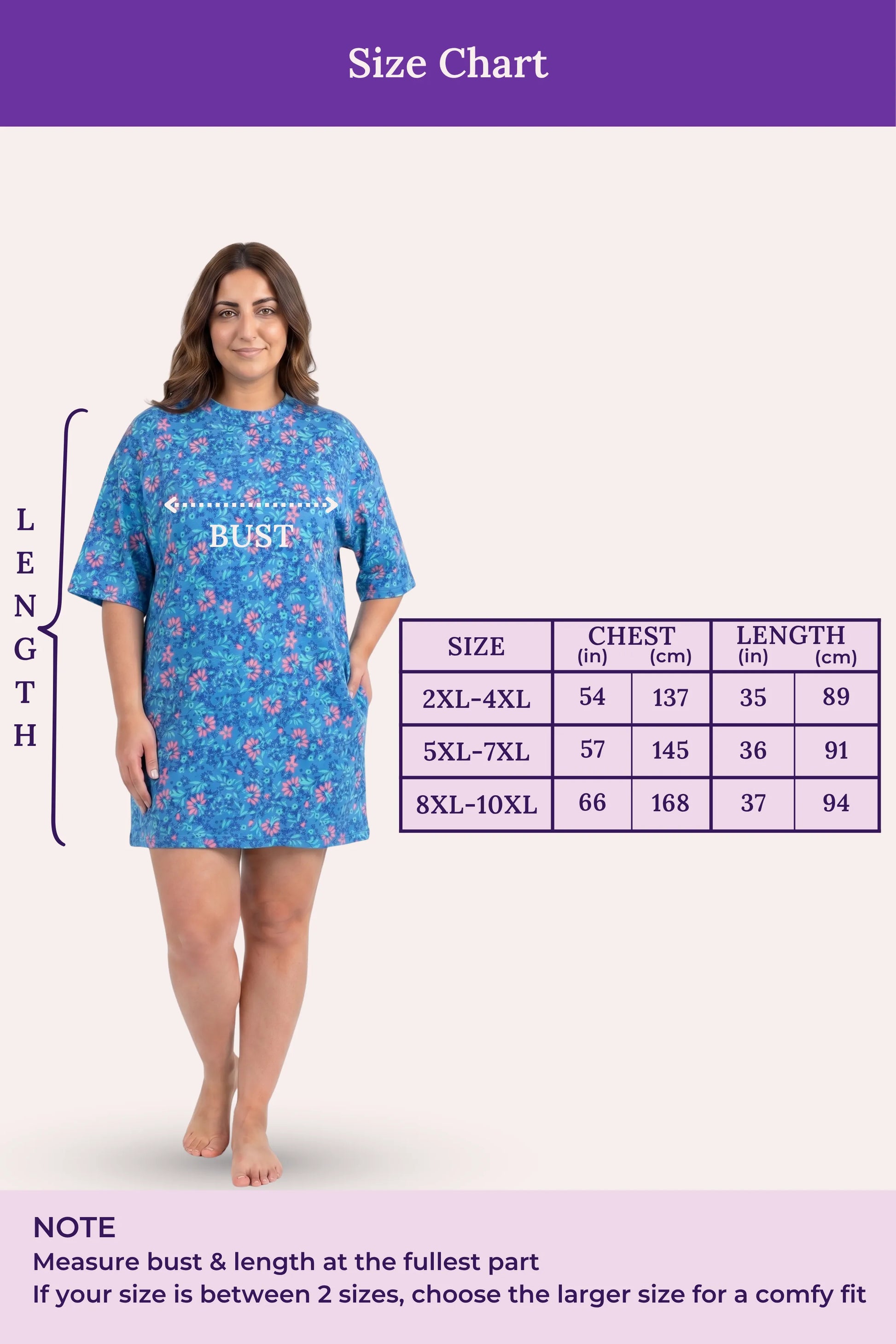 A size chart for a t-shirt dress, showing a model wearing the blue floral nightshirt with measurement guides.