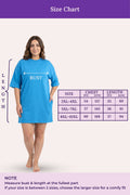 Size chart showing a woman model a bright blue T-shirt with measurement guides.