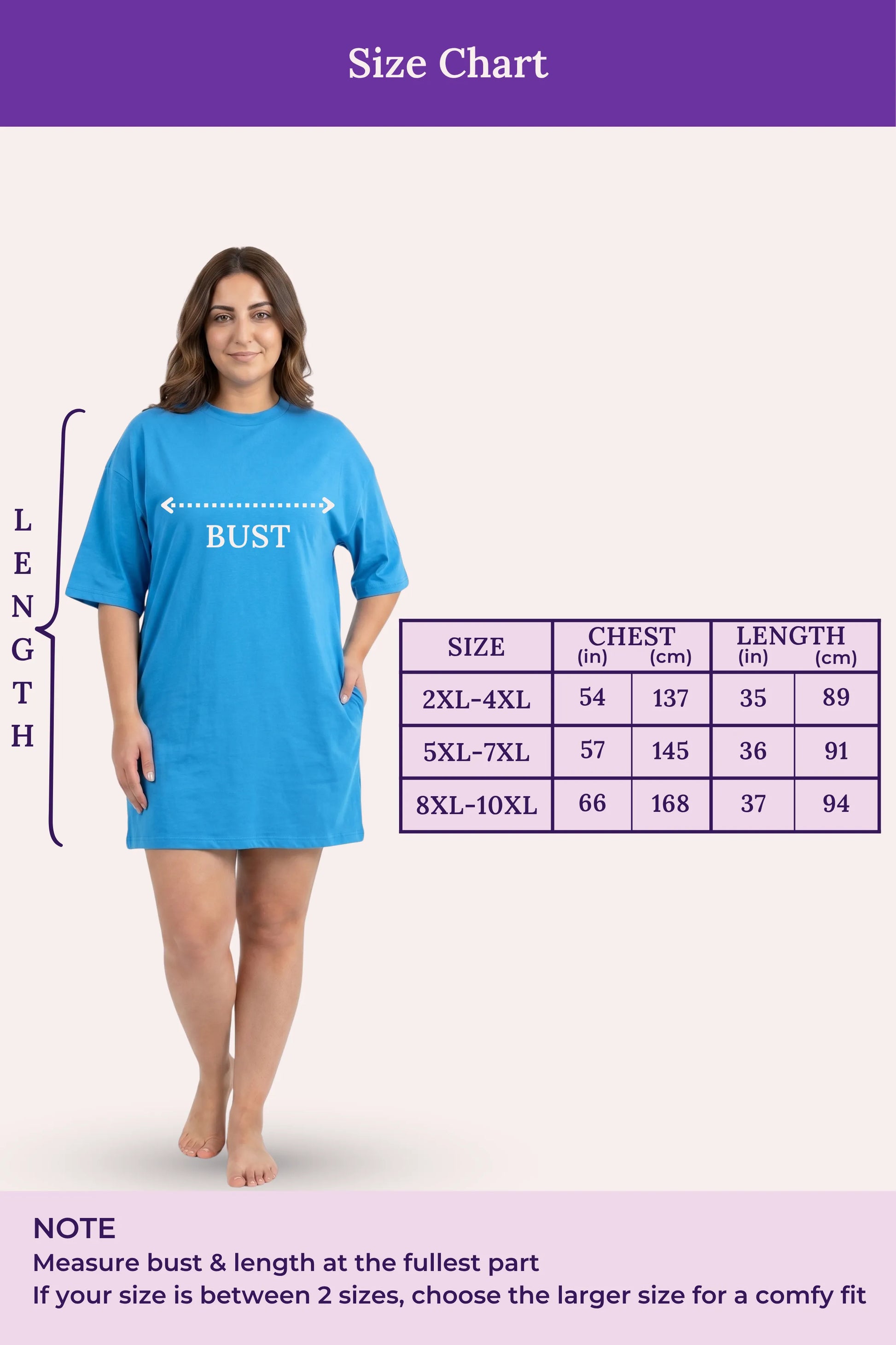 Size chart showing a woman model a bright blue T-shirt with measurement guides.