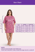 A size chart showing a woman modeling a pink patterned dress, with measurements.