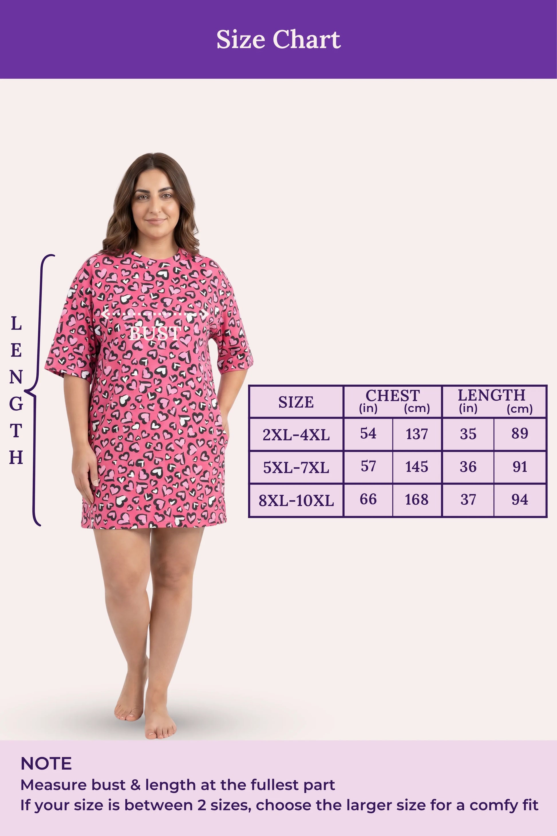 A size chart showing a woman modeling a pink patterned dress, with measurements.