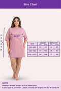Woman wearing a pink nightshirt with a size chart on a white background