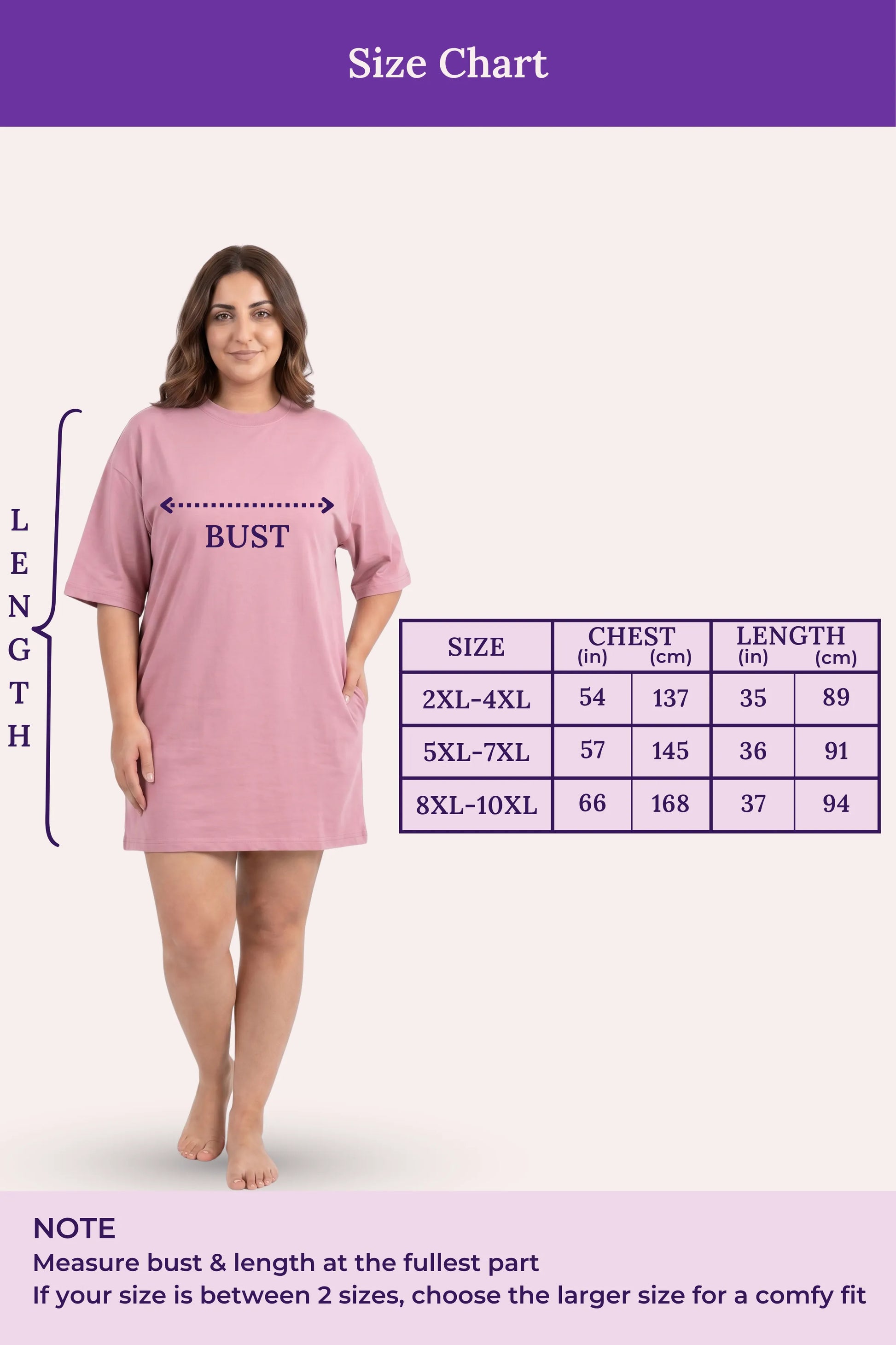 Woman wearing a pink nightshirt with a size chart on a white background