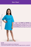 A size chart for a girl t-shirt dress. A young girl model a bright blue t-shirt dress, with measurement guides.