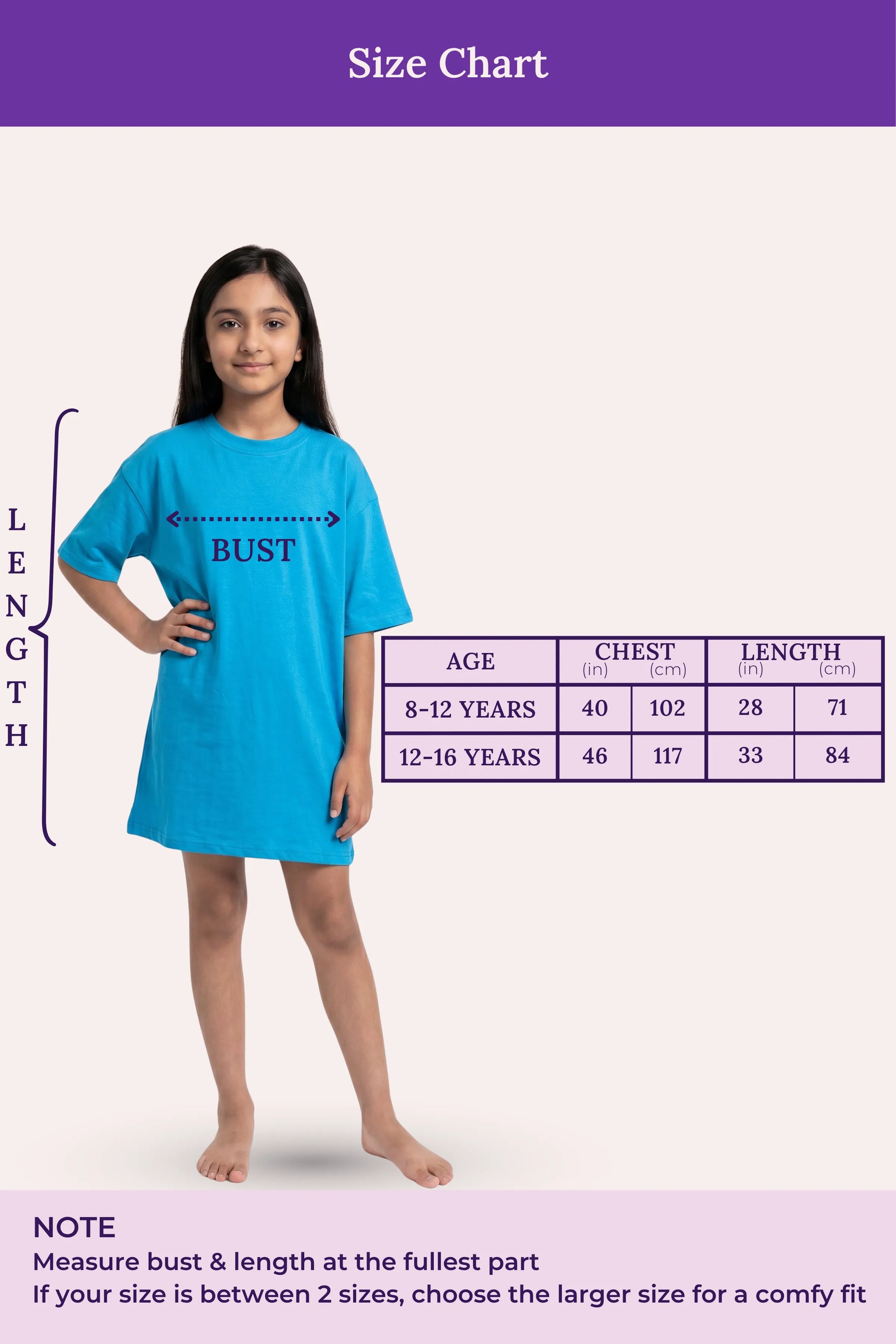 A size chart for a girl t-shirt dress. A young girl model a bright blue t-shirt dress, with measurement guides.