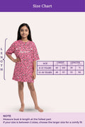 A size chart for a pink night dress, showing a young girl model.