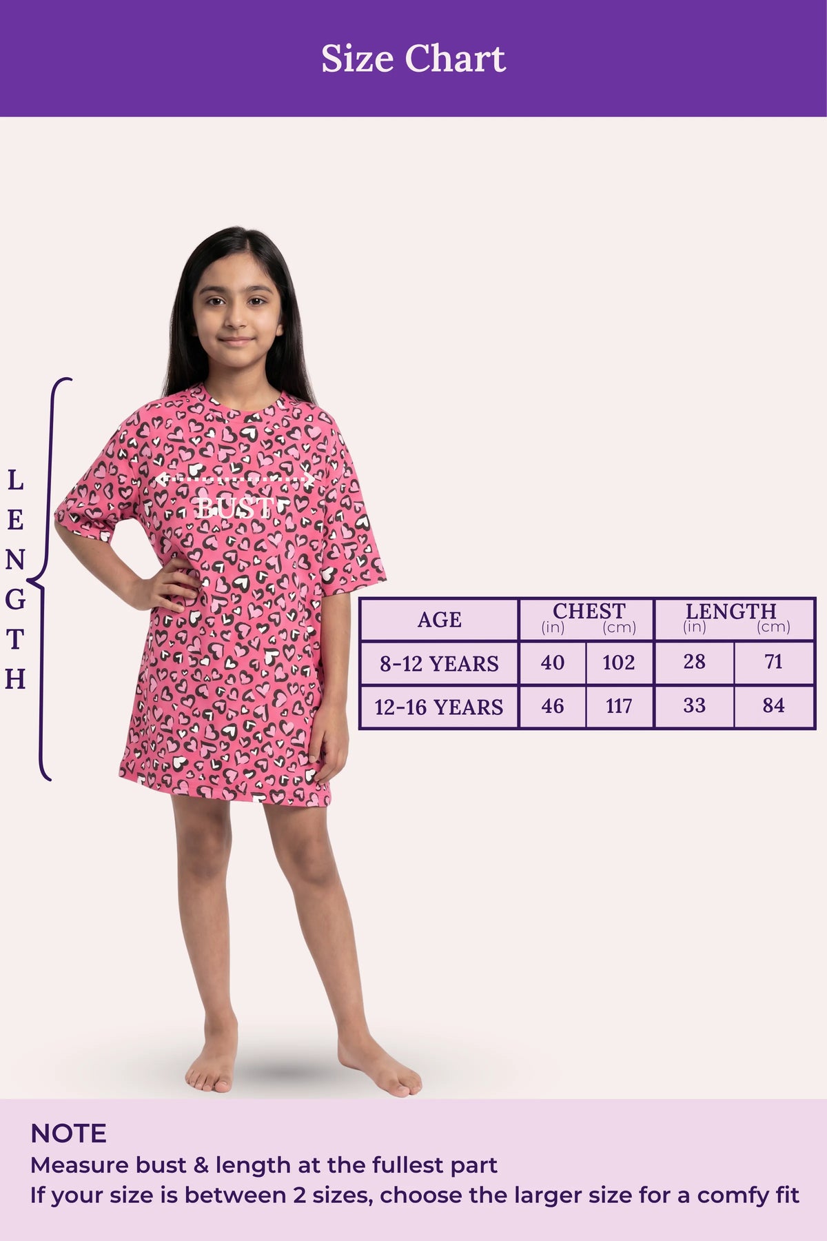 A size chart for a pink night dress, showing a young girl model.