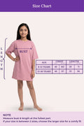 Size chart for a pink nightgown with a girl model and measurement guide.