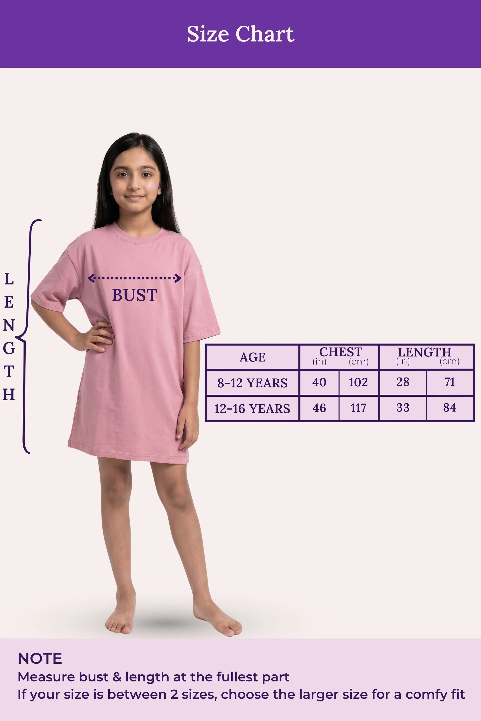 Size chart for a pink nightgown with a girl model and measurement guide.