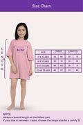 A size chart showing a girl wearing a pink T-shirt dress with measurement guides for bust and length.