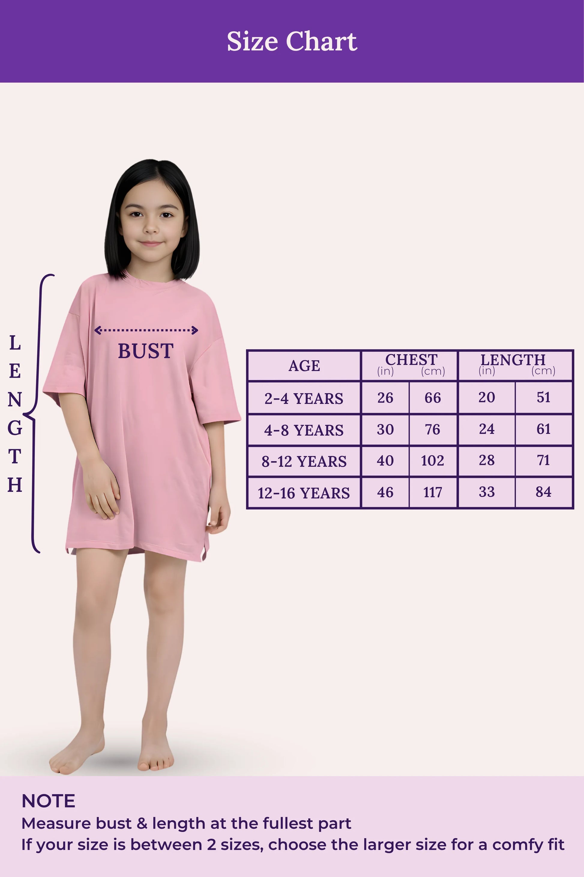 A size chart showing a girl wearing a pink T-shirt dress with measurement guides for bust and length.