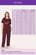 Size chart for clothing with a woman wearing a wine outfit