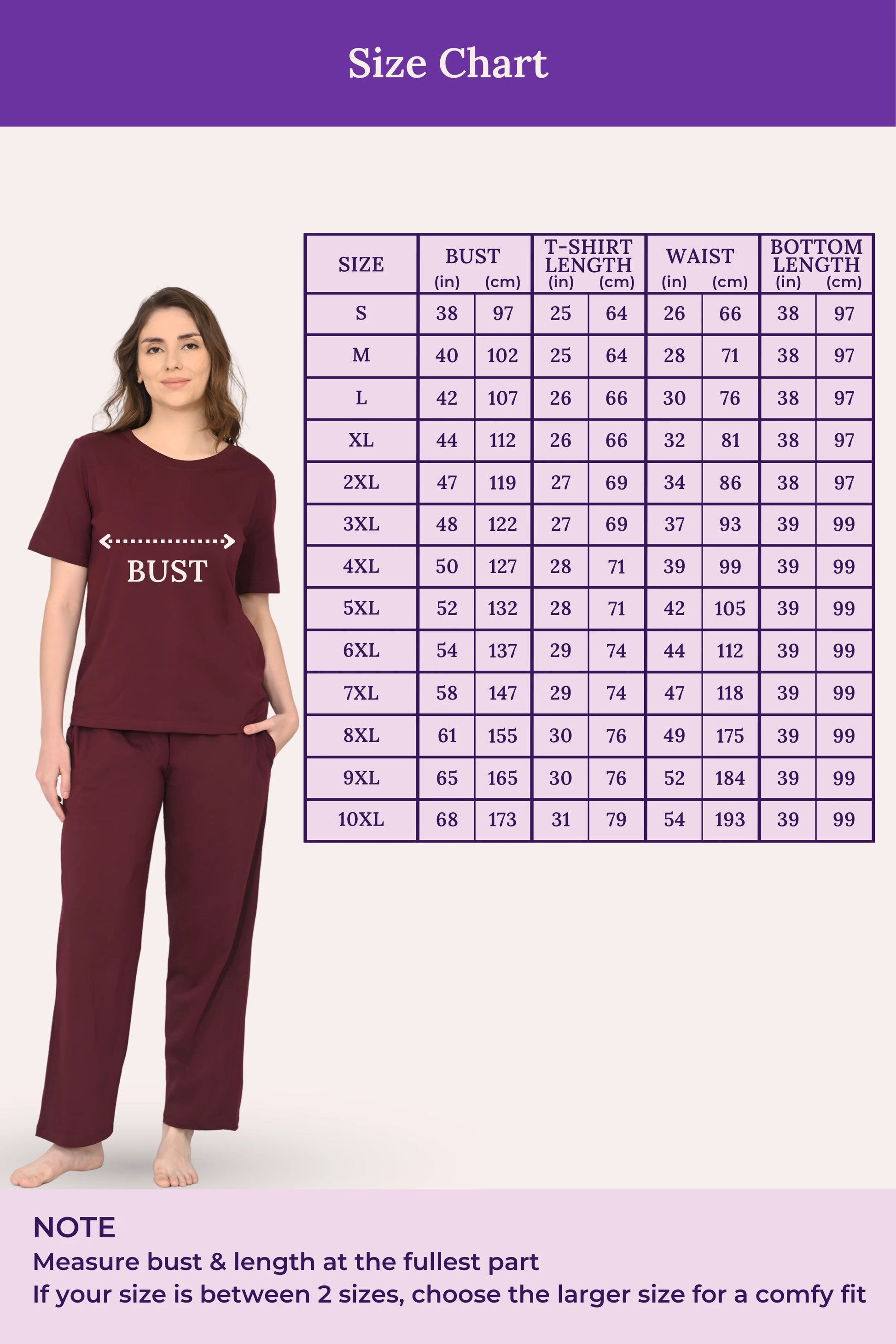 Size chart for clothing with a woman wearing a wine outfit