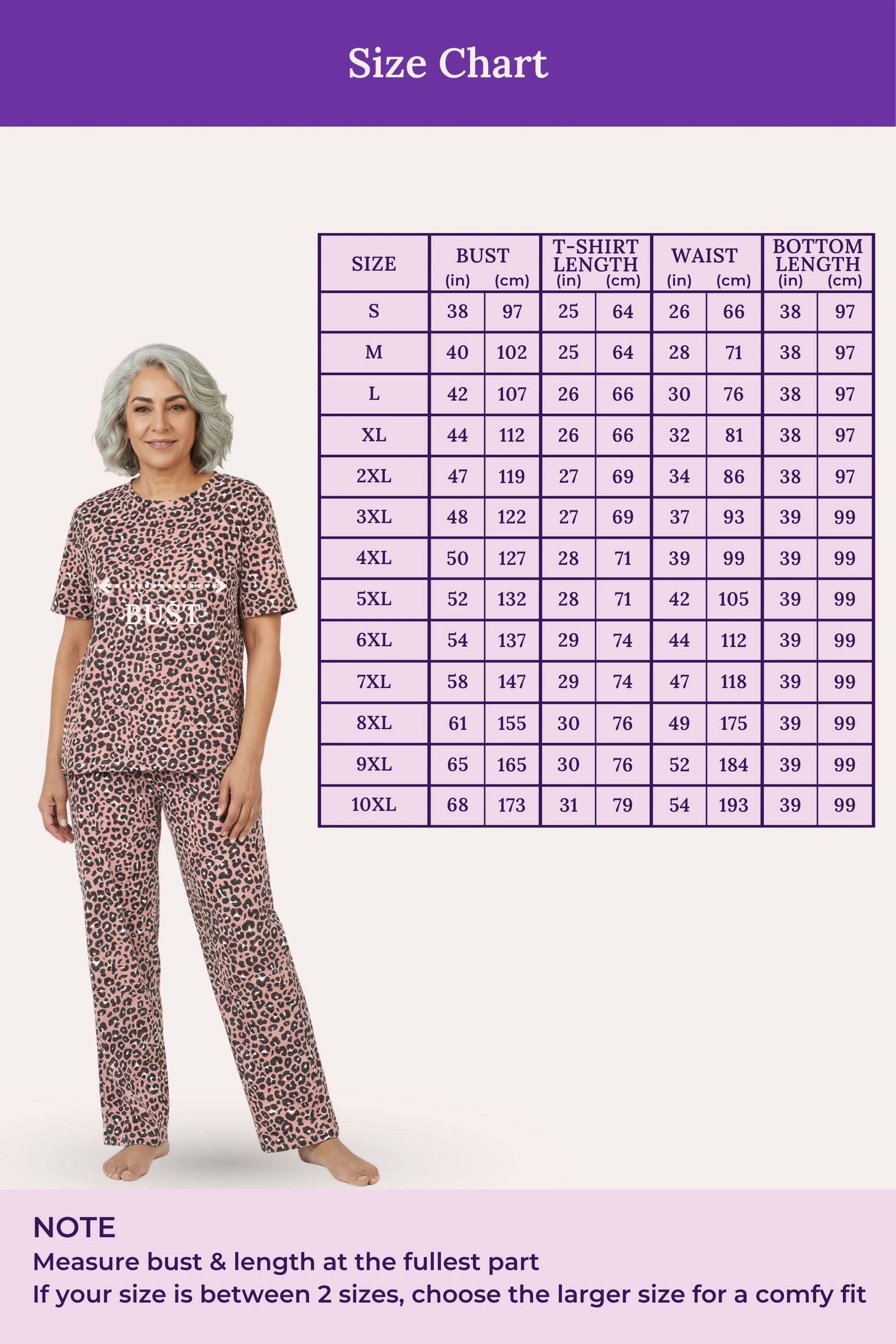 Woman wearing a pajama patterned outfit with a size chart