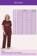 Size chart for clothing with a woman wearing a wine outfit