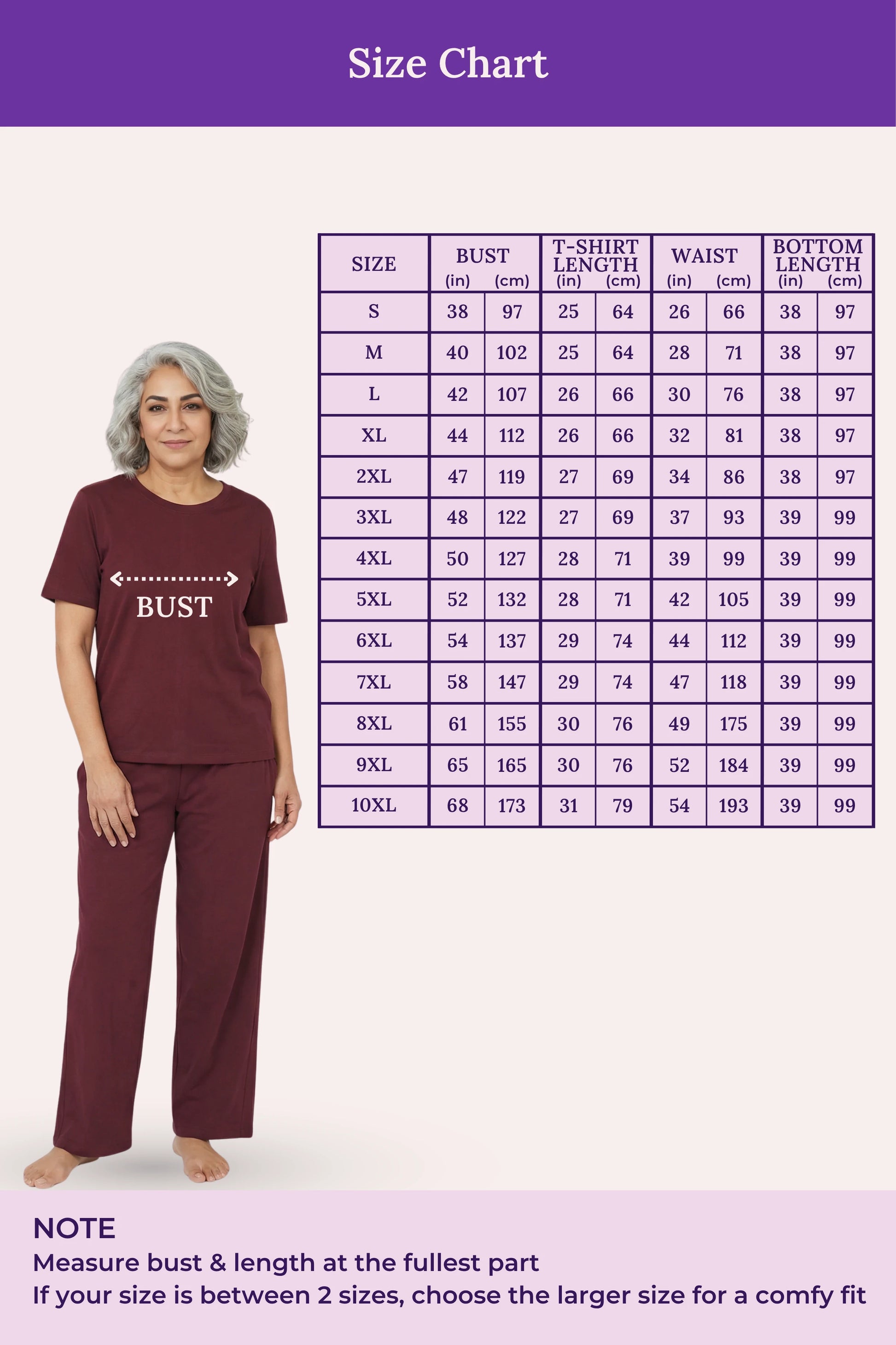 Size chart for clothing with a woman wearing a wine outfit