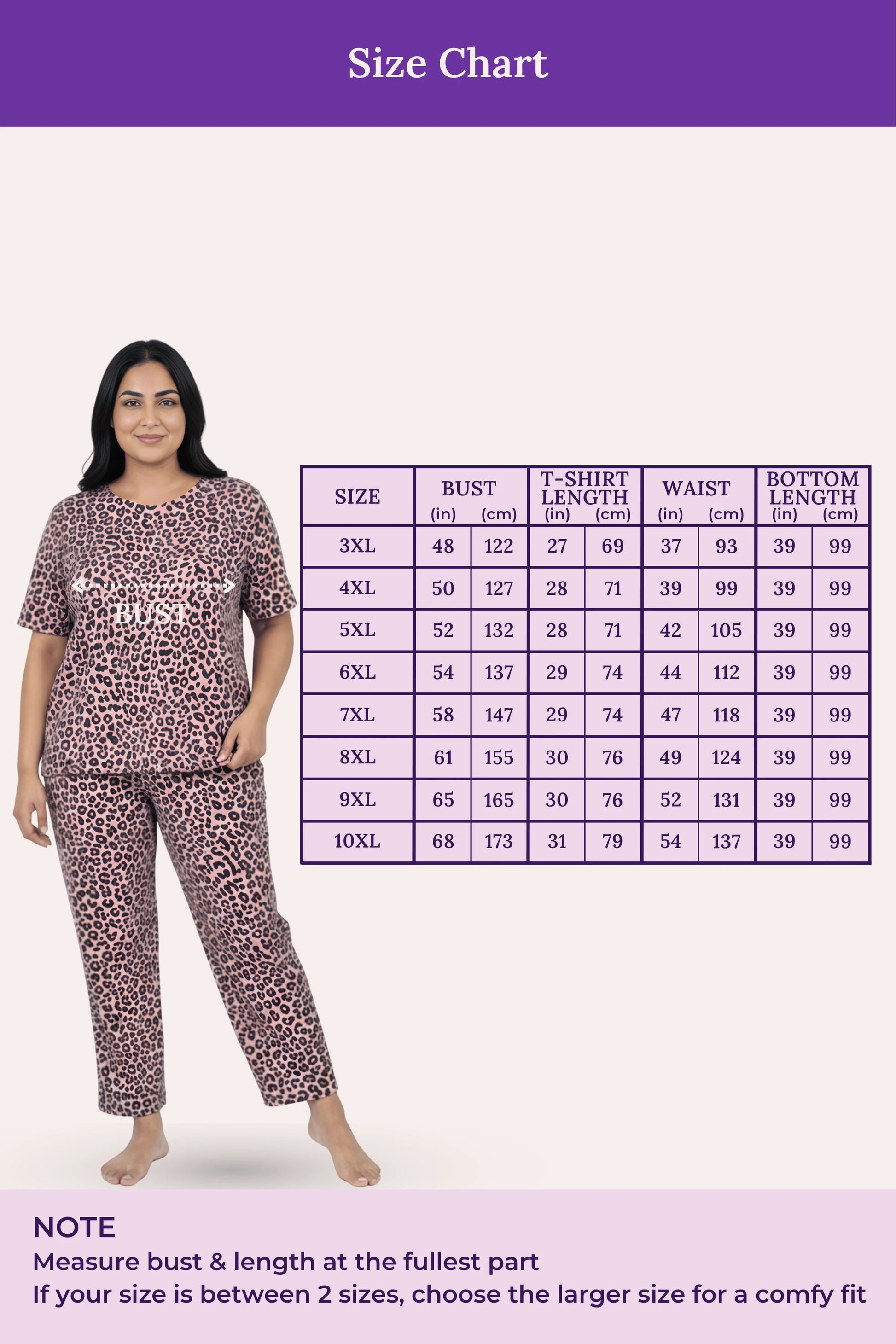 Woman wearing a brown leopard print outfit with a size chart