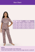 Size chart for teen pajama set with a model wearing the pajamas