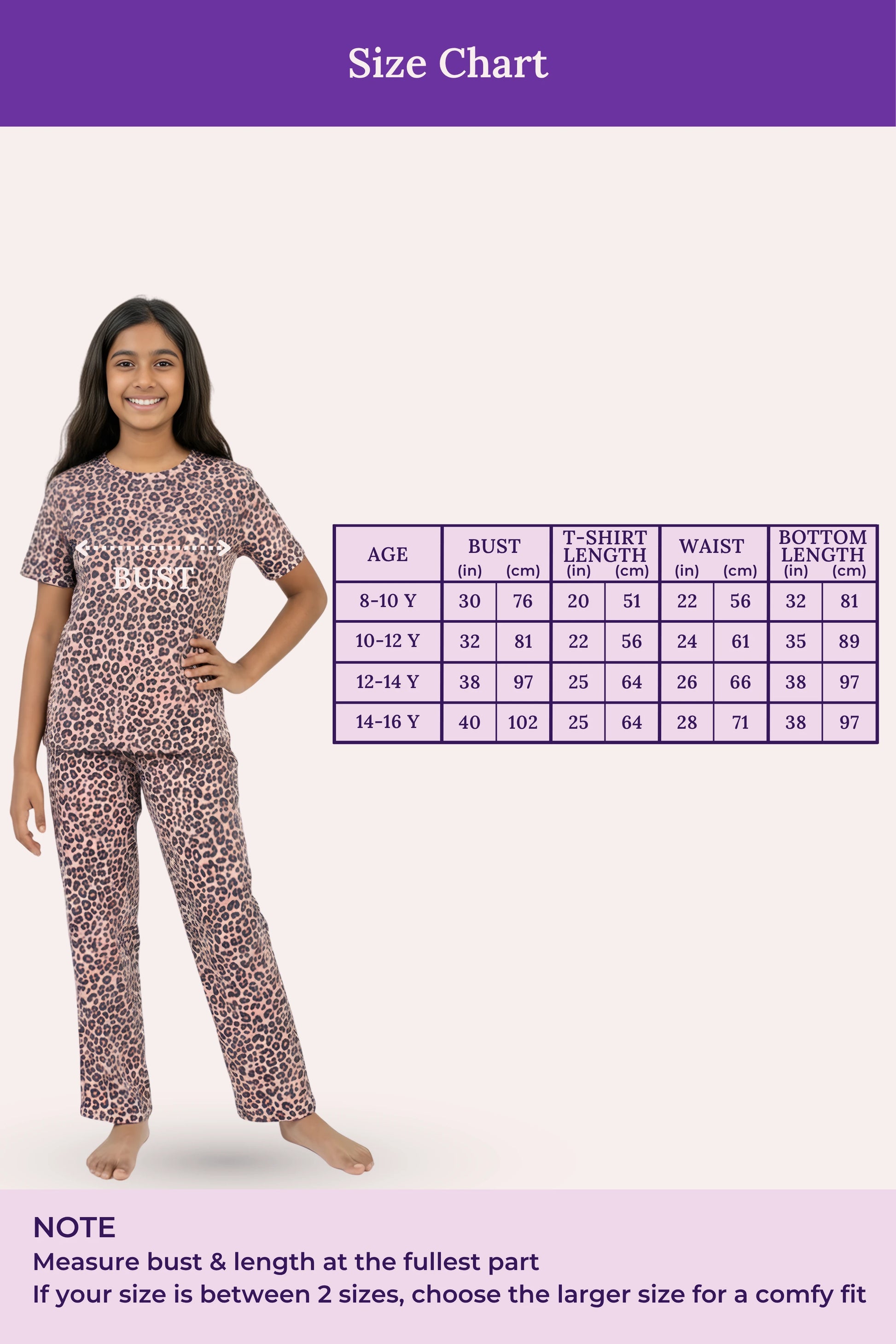 Size chart for teen pajama set with a model wearing the pajamas
