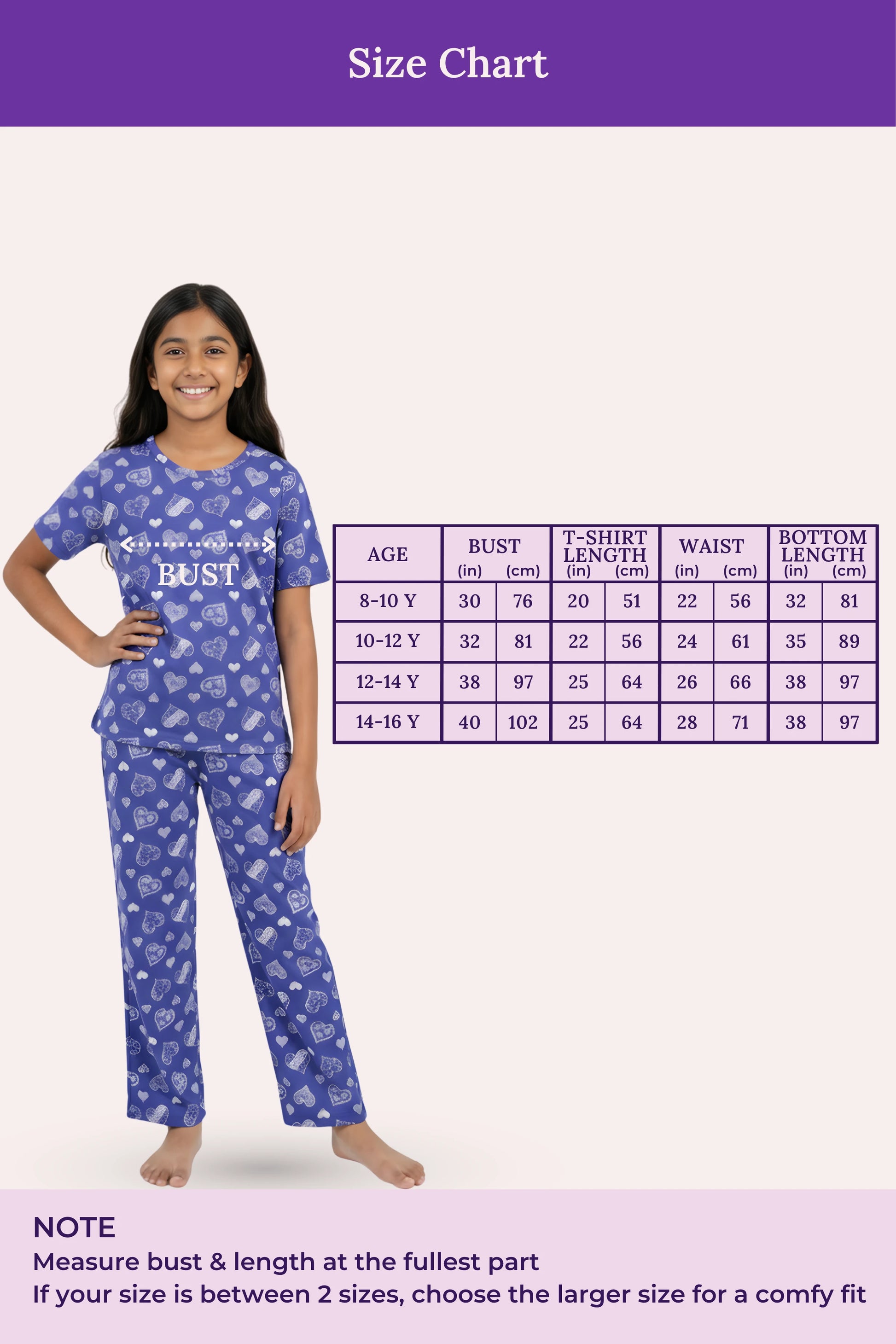 Size chart for teen pajama set with a model wearing the pajamas 