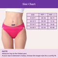 Size chart graphic showing a cropped model wearing dark pink underwear with a labeled hip measurement line and table of age-to-HIP conversions, plus a purple header and note at the bottom.