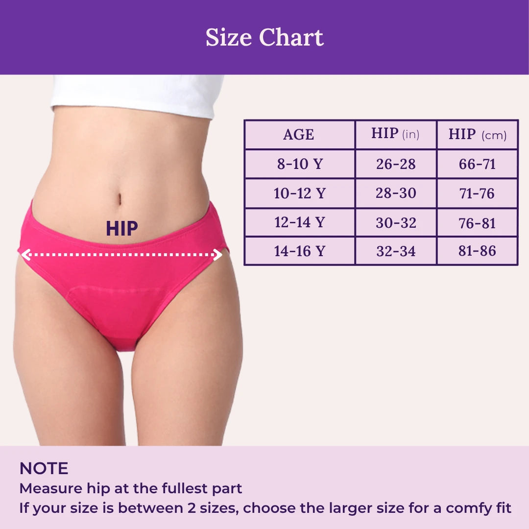 Size chart graphic showing a cropped model wearing dark pink underwear with a labeled hip measurement line and table of age-to-HIP conversions, plus a purple header and note at the bottom.
