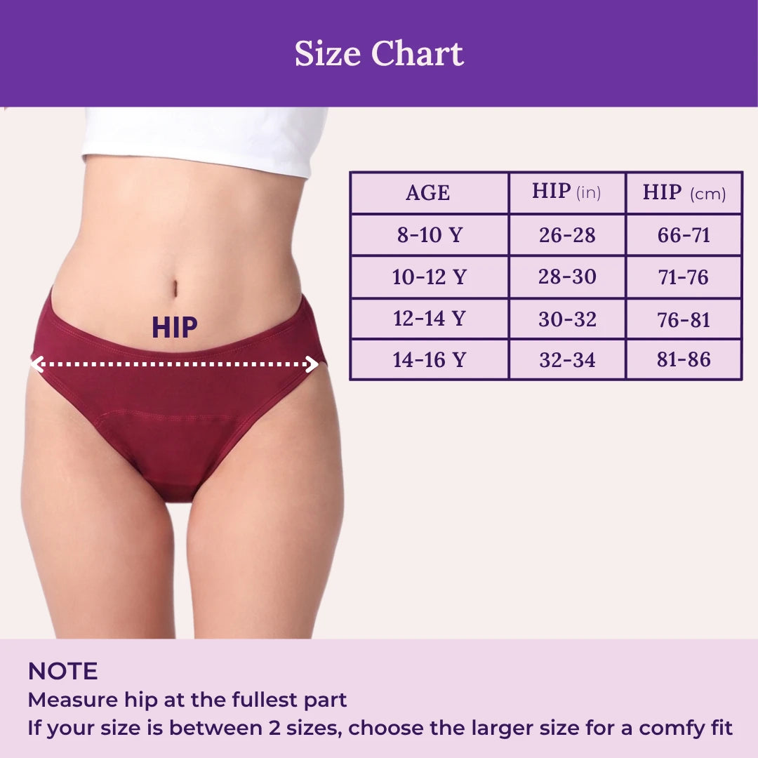 Size chart graphic for women's underwear showing a cropped model torso wearing burgundy briefs with a hip measurement line and a size table listing age ranges and hip measurements in inches and centimeters.