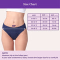 Size chart graphic showing a model's hip area wearing navy underwear, with a measurement table listing age ranges and HIP measurements in inches and centimeters, plus a purple header and note at the bottom.