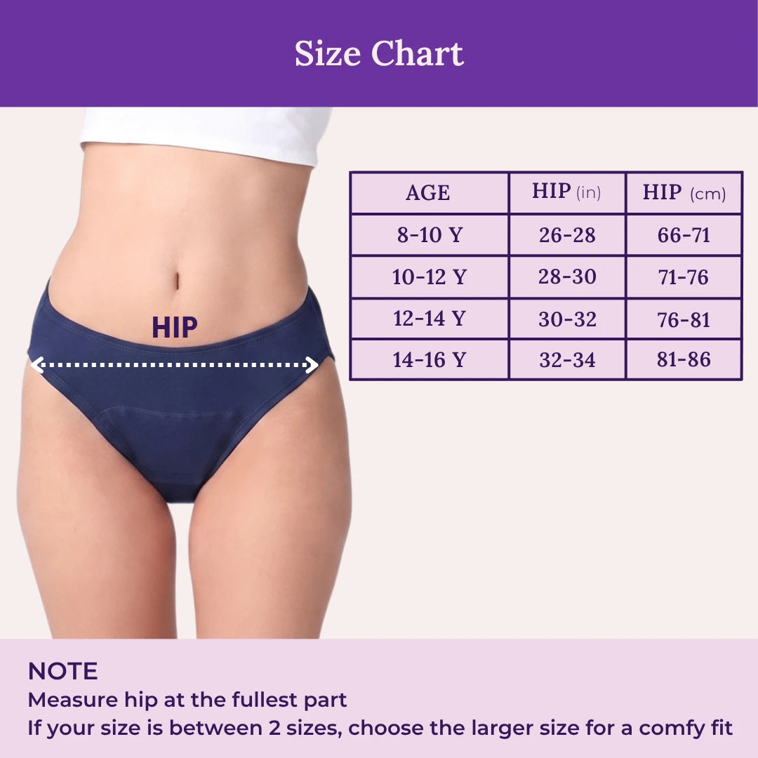 Size chart graphic showing a model's hip area wearing navy underwear, with a measurement table listing age ranges and HIP measurements in inches and centimeters, plus a purple header and note at the bottom.