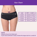 A size chart graphic showing a model wearing black underwear with a highlighted hip measurement, alongside a size table by age and a note on how to measure hip size.