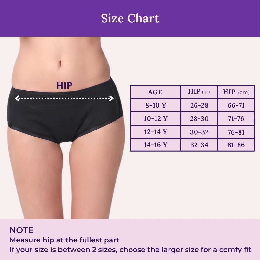 A size chart graphic showing a model wearing black underwear with a highlighted hip measurement, alongside a size table by age and a note on how to measure hip size.