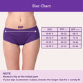 Purple size chart graphic showing a model wearing purple hipster underwear with a labeled hip measurement and a table of size guidelines by age.