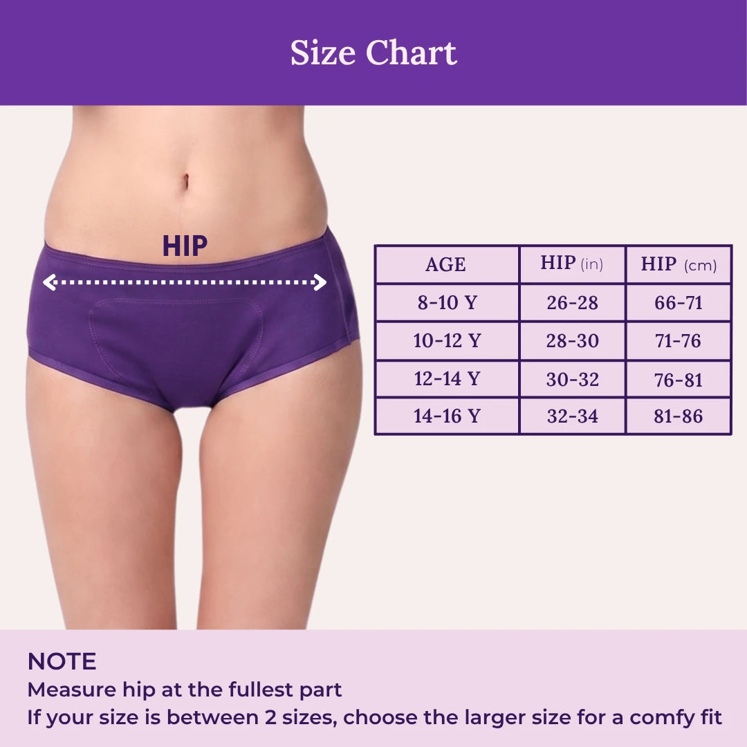 Purple size chart graphic showing a model wearing purple hipster underwear with a labeled hip measurement and a table of size guidelines by age.