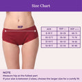 A size chart graphic for women's underwear showing a cropped model torso wearing a maroon boxer-style brief, with a purple measurement label across the hips and a size table listing age ranges and hip measurements in inches and centimeters.
