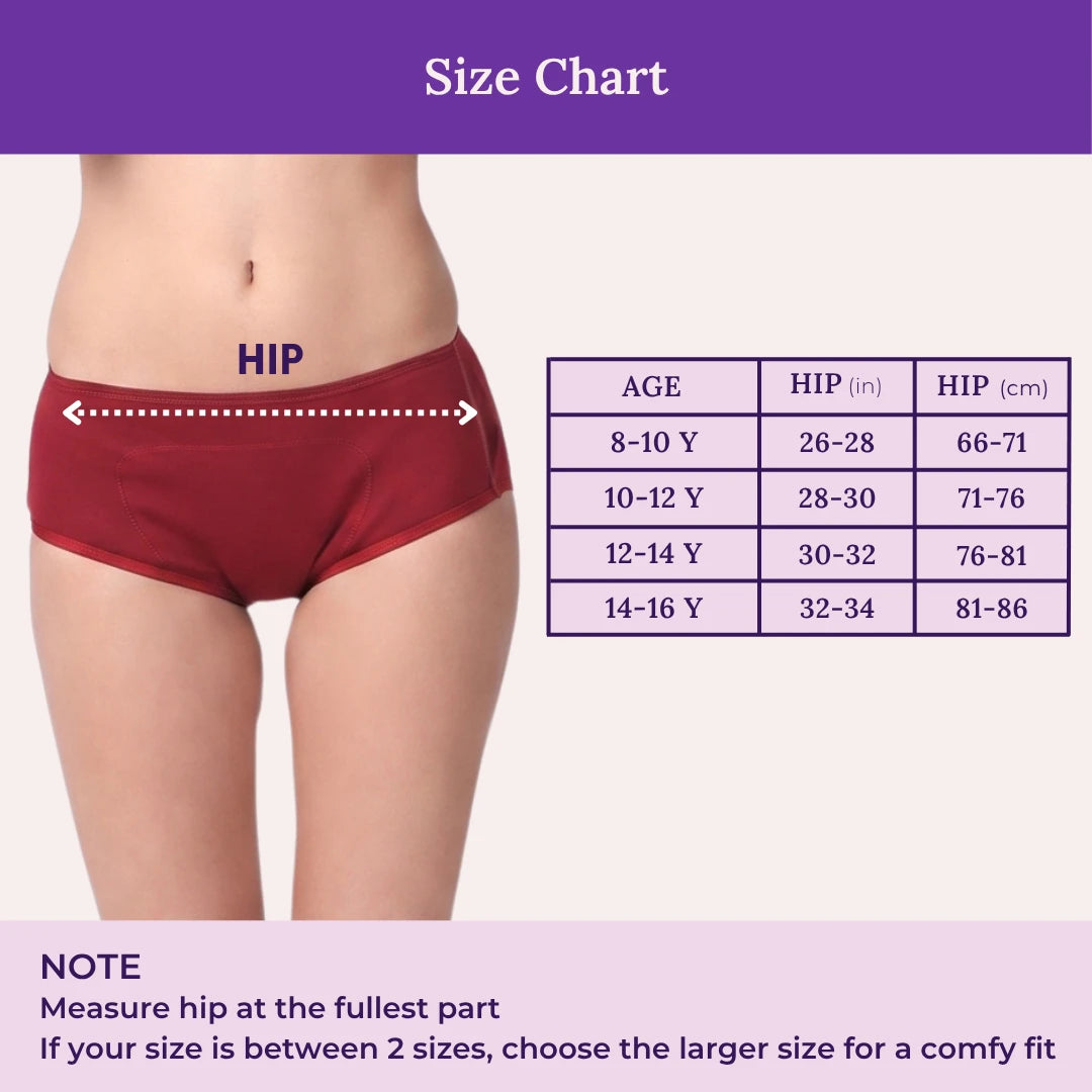 A size chart graphic for women's underwear showing a cropped model torso wearing a maroon boxer-style brief, with a purple measurement label across the hips and a size table listing age ranges and hip measurements in inches and centimeters.