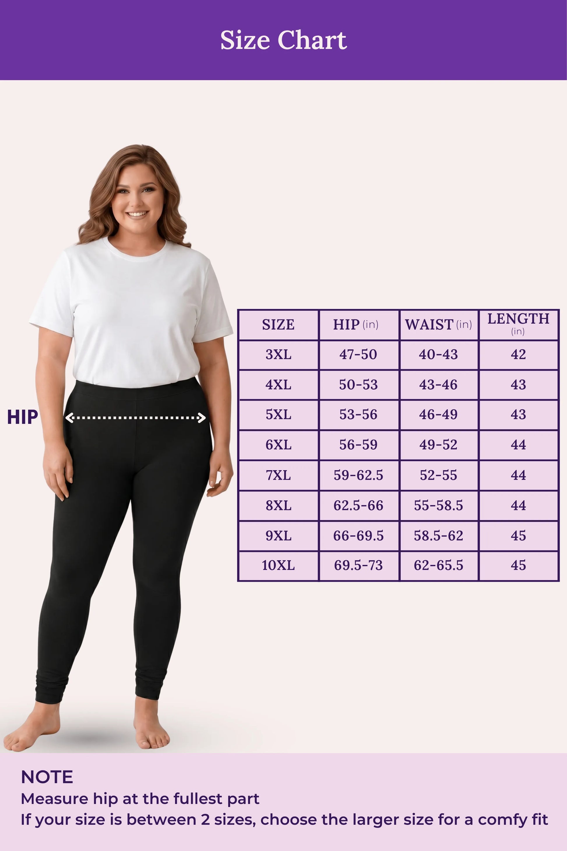A size chart showing a woman modeling black leggings on a light pink background, with a measurement table listing sizes, hip, waist, and length measurements. Purple header and footer bars with the text 'Size Chart' and sizing notes.