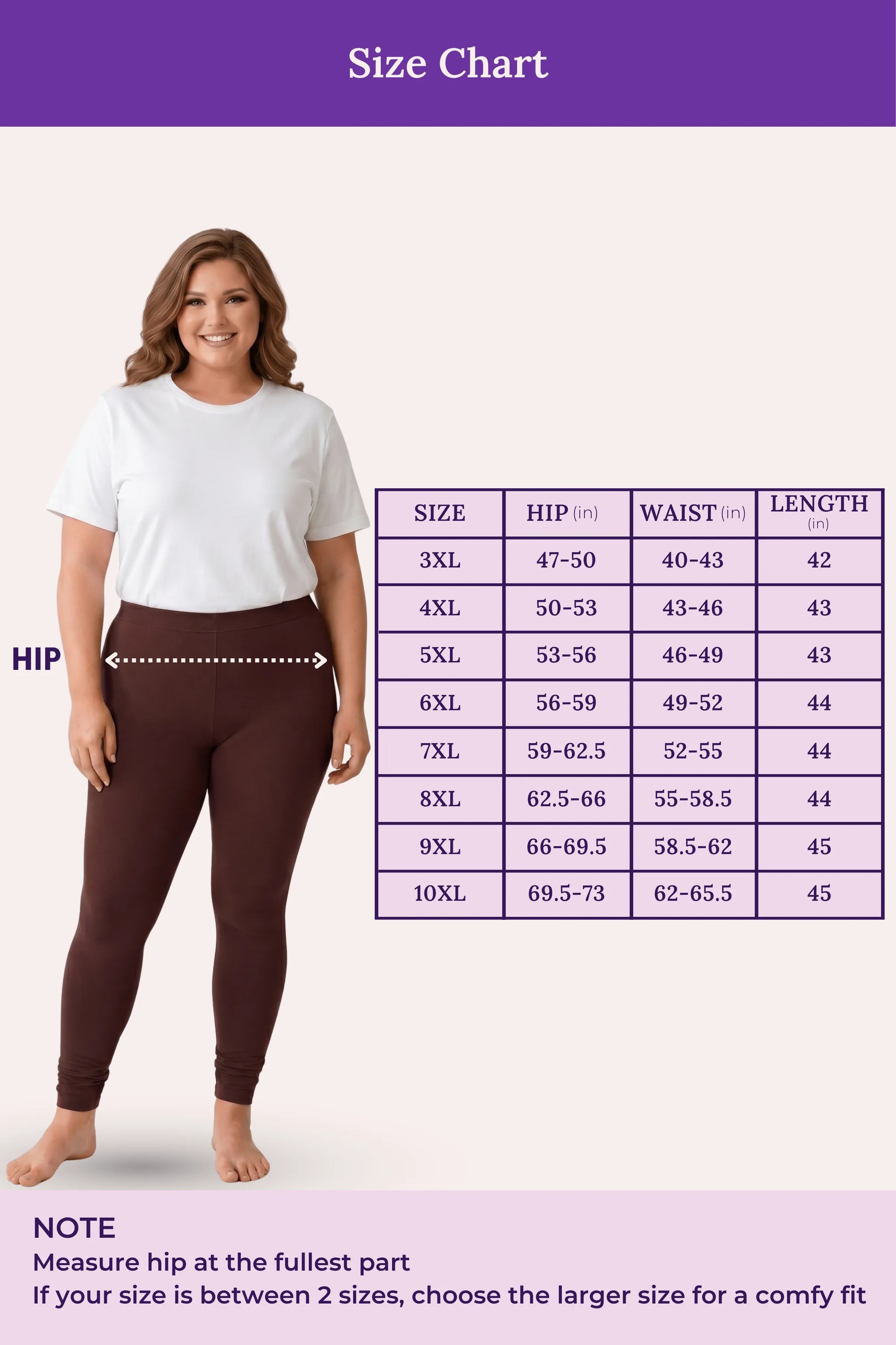 A size chart showing a woman modeling brown leggings on a light pink background, with a measurement table listing sizes, hip, waist, and length measurements. Purple header and footer bars with the text 'Size Chart' and sizing notes.