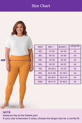 A size chart showing a woman modeling  churidar leggings and a white T-shirt against a pale pink background, with a measurement table listing sizes, hip, waist, and length measurements.