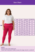 A size chart showing a woman modeling dark pink leggings on a light background, with a measurement table listing sizes, hip, waist, and length measurements. Purple header and footer text indicate 'Size Chart' and provide sizing guidance.
