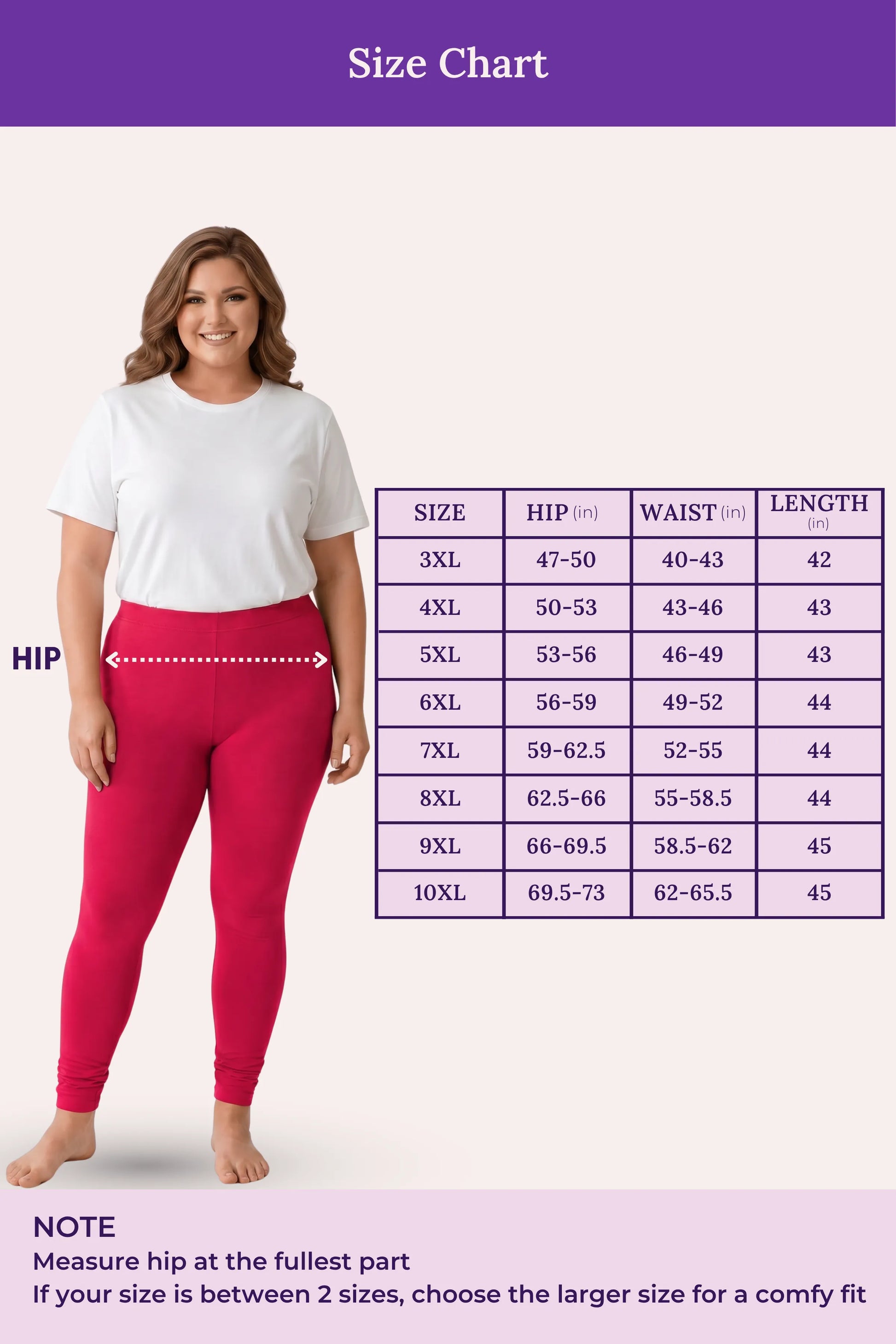A size chart showing a woman modeling dark pink leggings on a light background, with a measurement table listing sizes, hip, waist, and length measurements. Purple header and footer text indicate 'Size Chart' and provide sizing guidance.