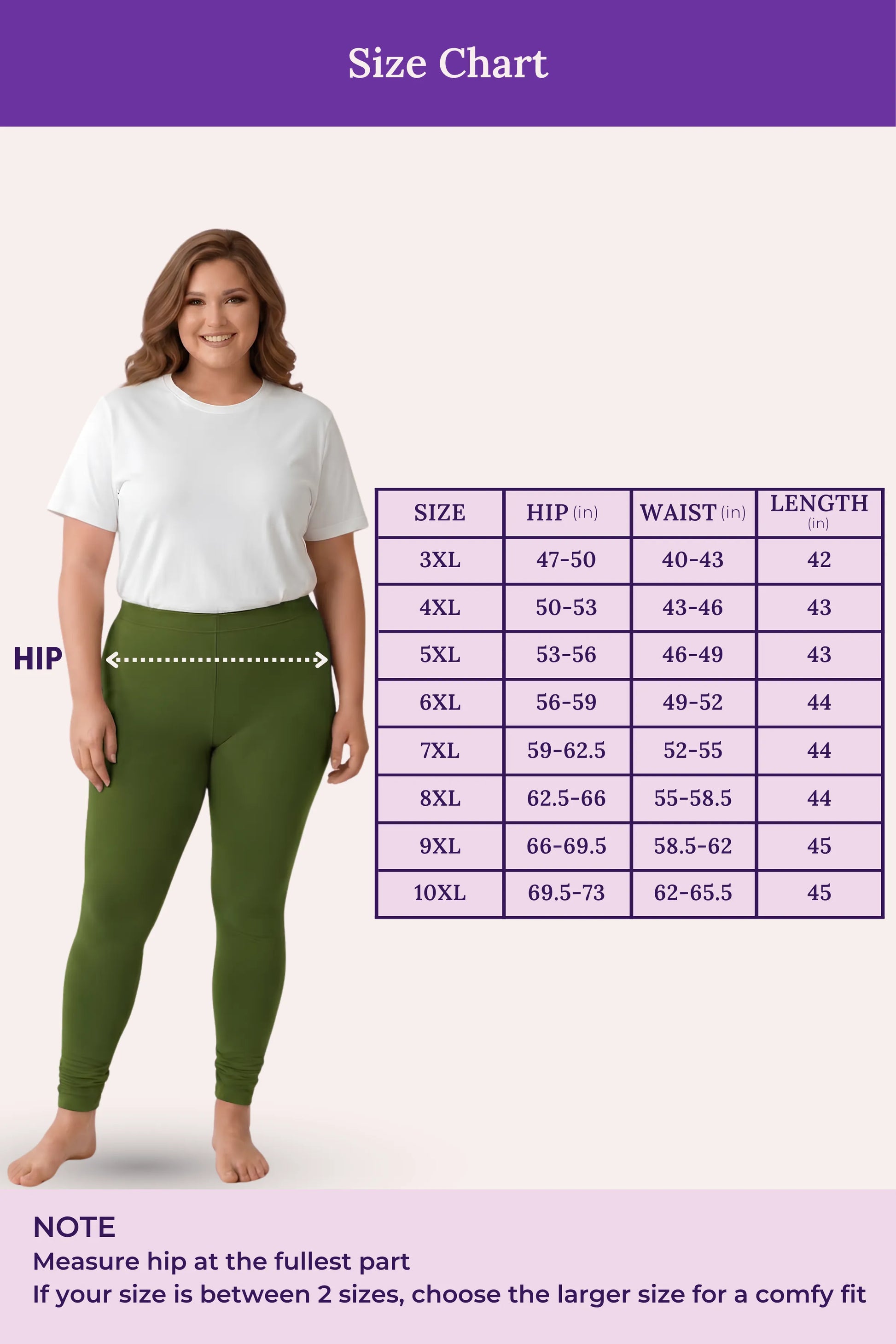 A size chart  showing a woman modeling green leggings against a pale pink background, with a measurement table listing sizes 3XL through 10XL and hip, waist, and length measurements. Purple header and footer text read 'Size Chart' and include measurement guidance.