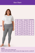 A size chart showing a woman modeling gray leggings and a white T-shirt against a pale pink background, with a purple measurement table listing sizes, hip, waist, and length measurements.