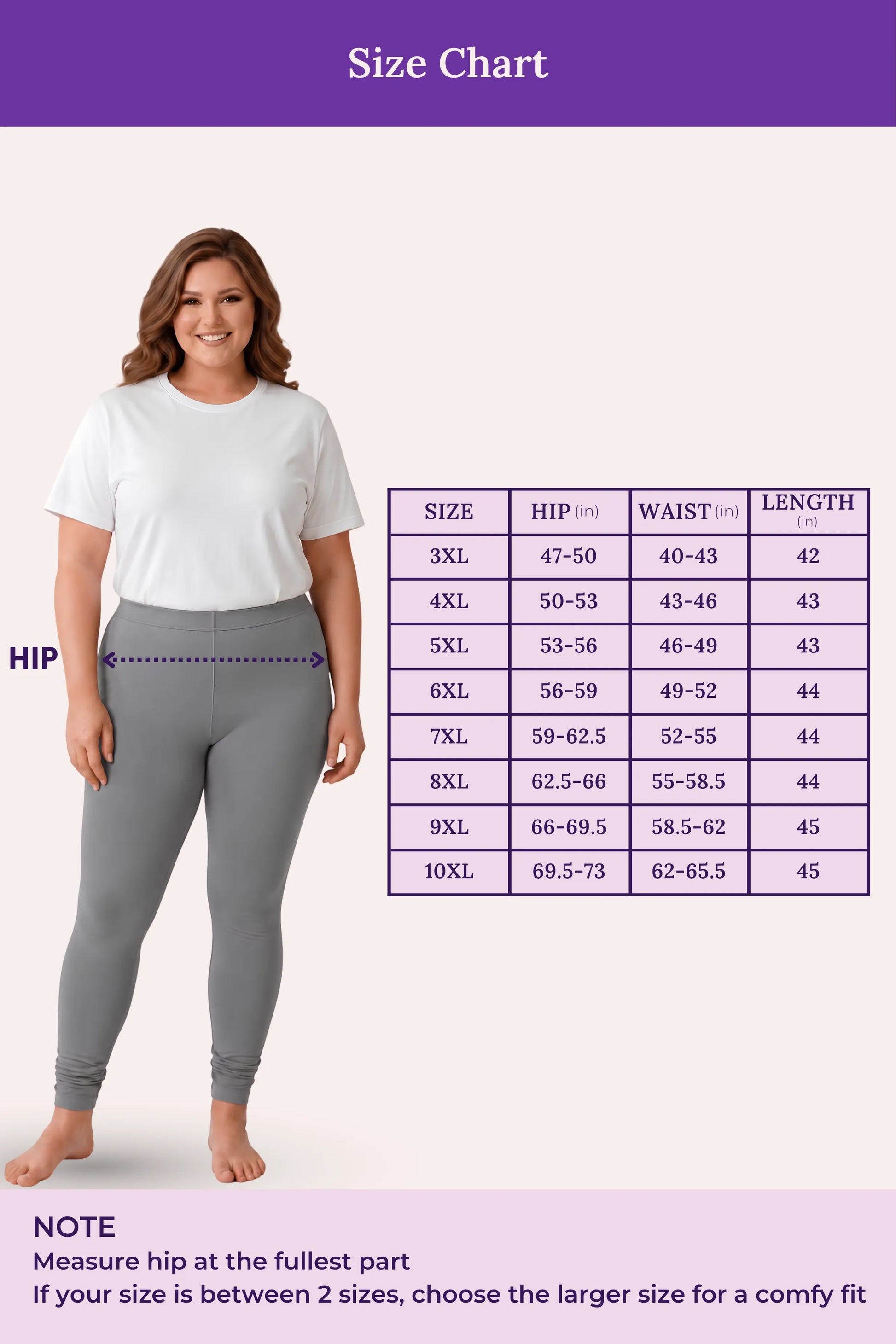 A size chart showing a woman modeling gray leggings and a white T-shirt against a pale pink background, with a purple measurement table listing sizes, hip, waist, and length measurements.