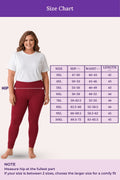 A size chart showing a woman modeling churidar leggings with a white T-shirt, alongside a size table listing measurements by size and a note on measuring hip circumference.