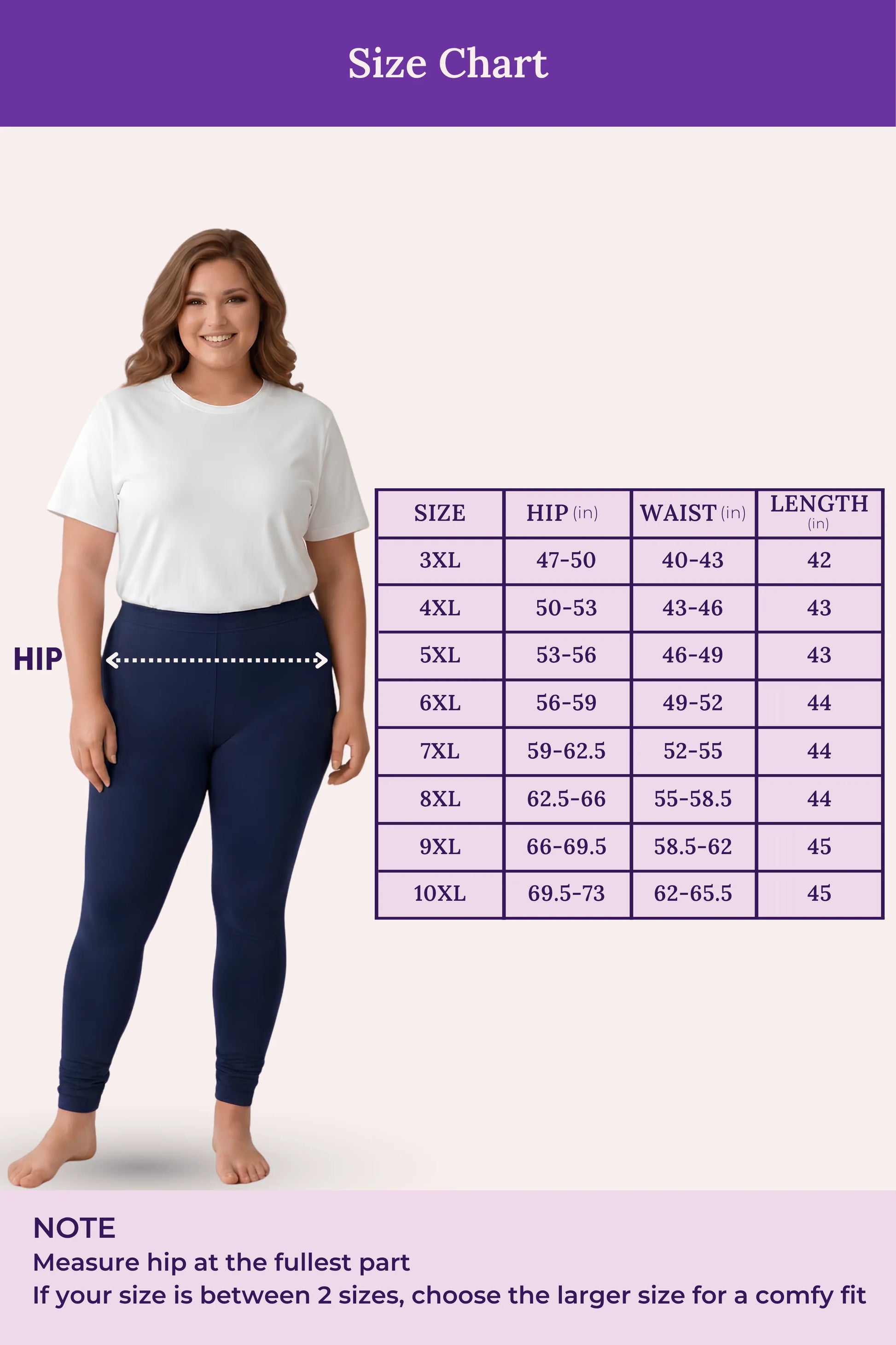 A size chart showing a woman modeling a white T-shirt and navy leggings, with a measurement table for hip, waist, and length by size. Purple header and footer text read 'Size Chart' and include measurement guidance.