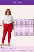 A size chart showing a woman modeling red leggings and a white T-shirt against a pale background, with a size table listing measurements by size and fit notes.