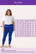 A size chart showing a woman modeling blue leggings on a pale pink background, with a measurement table listing sizes 3XL through 10XL and hip, waist, and length measurements. Purple header and note text are visible.